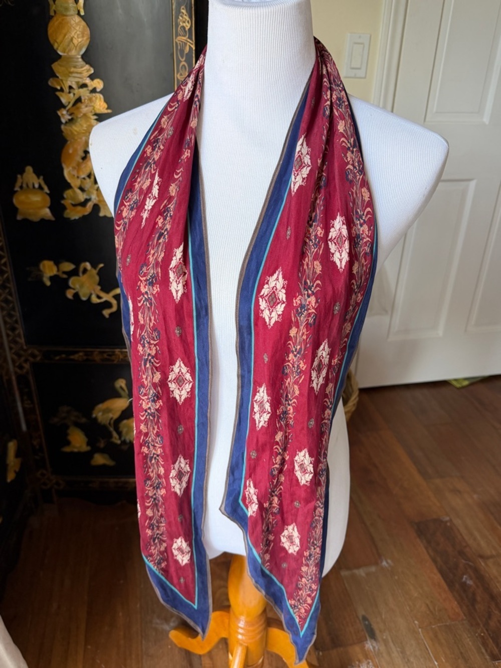 Red Vintage Floral Border Scarf with Blue Trim